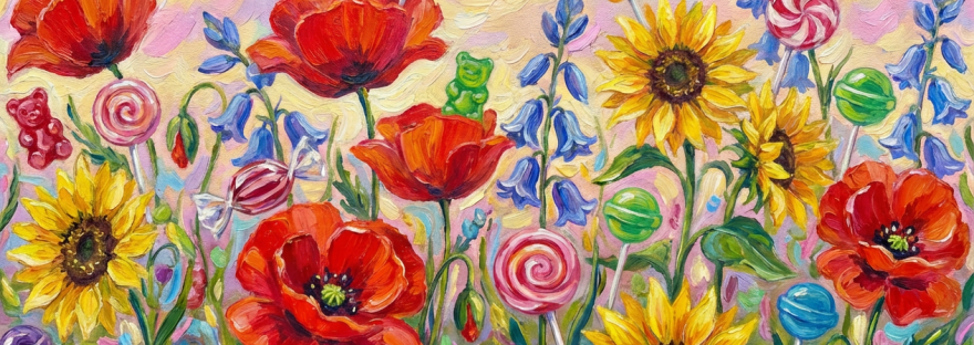 Impressionist painting of vibrant wildflowers mixed with various colorful candies and lollipops.