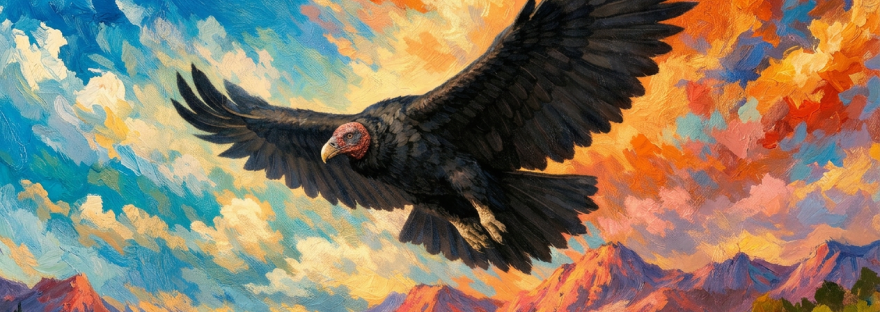 Rectangular composition of flying black vulture